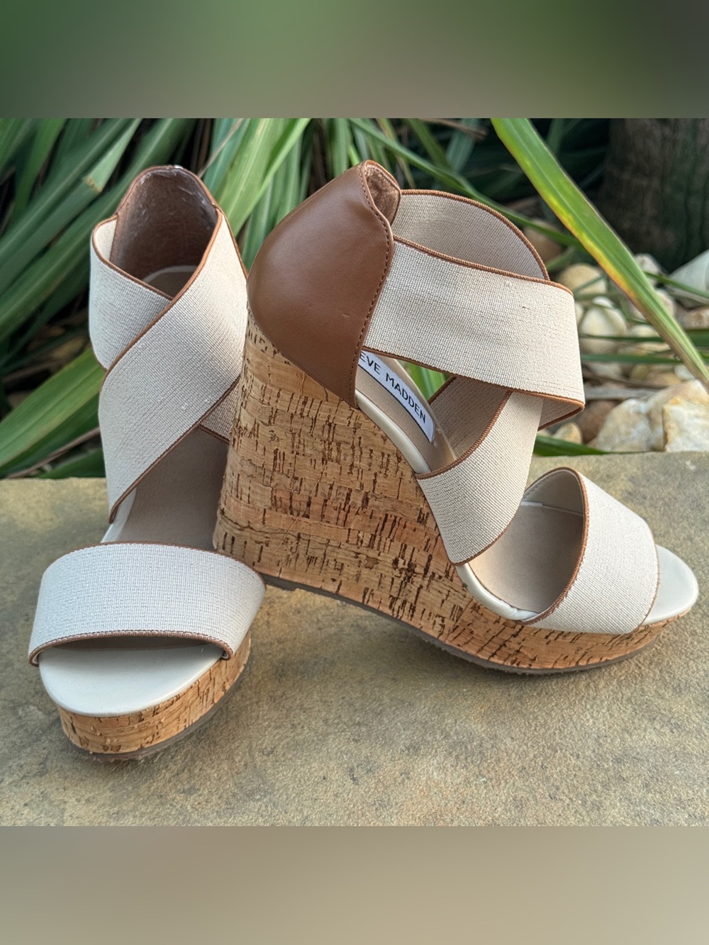 Steve Madden Beige and Brown Cork Wedge Sandals